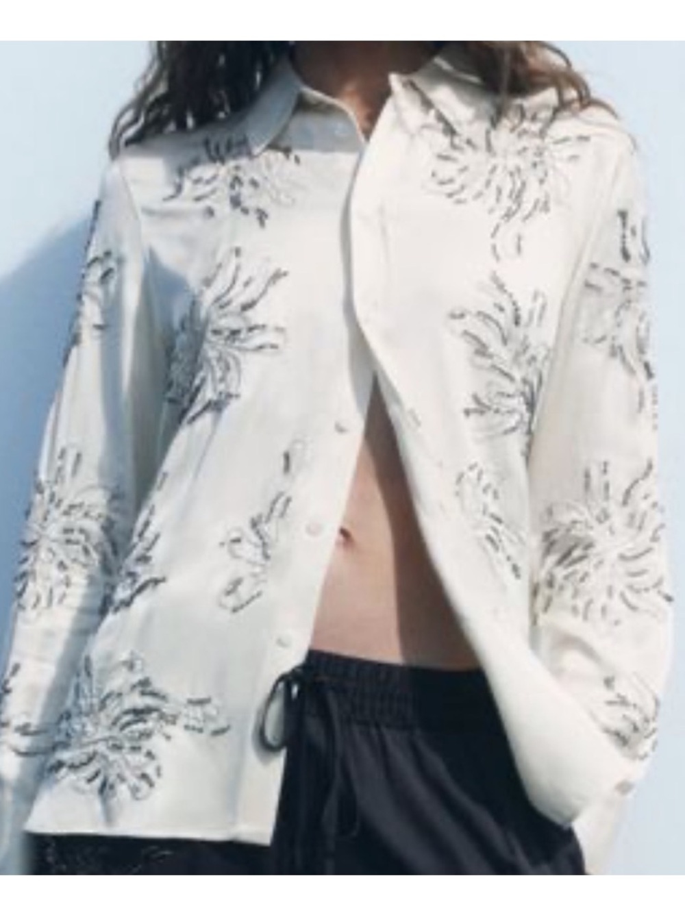 Zara ZW Collection Cream Button-Down Shirt with Beaded Embellishment. Medium